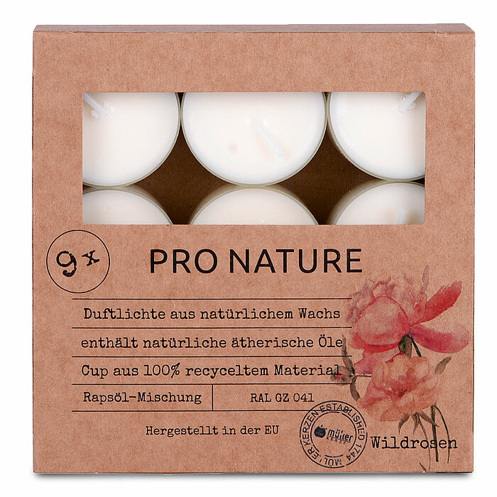 24 Raps Duft-Teelichter mit Wildrosen-Duft von Müller Kerzenfabrik in der Größe 3,8x3,8cm.