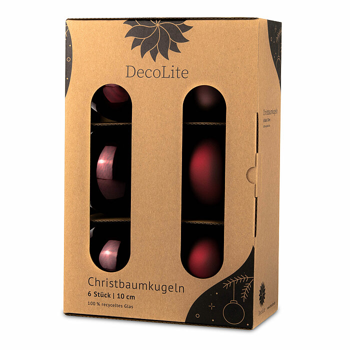 Ein 6er Pack Christbaumkugeln in Bordeaux mit 10cm Durchmesser von DecoLite in einer dekorativen Schachtel.