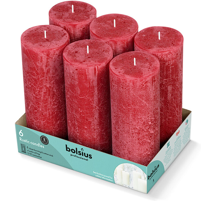 6 rustik Stumpenkerzen von Bolsius Professional in der Größe 19x6,8cm in der Farbe samtrot.