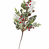 Ein dekorativer Zweig mit verschiedenen grünen Blättern, roten Beeren und kleinen braunen Zapfen. Die unterschiedlichen Blätter verleihen dem Zweig eine natürliche und abwechslungsreiche Textur. Der Zweig ist schlank und detailliert gestaltet, was ihm ein