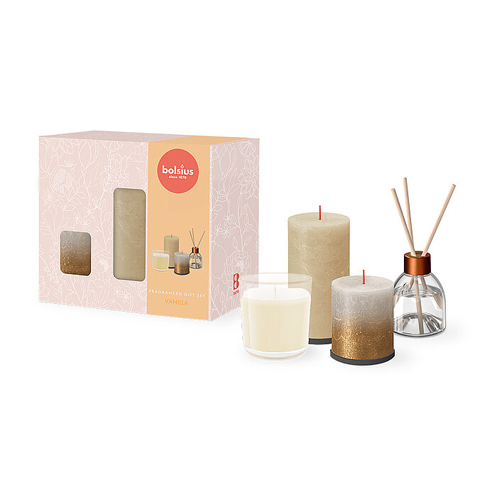 Ein Bolsius Raumduft-Geschenk-Set home sweet home mit dem Geruch vanille.