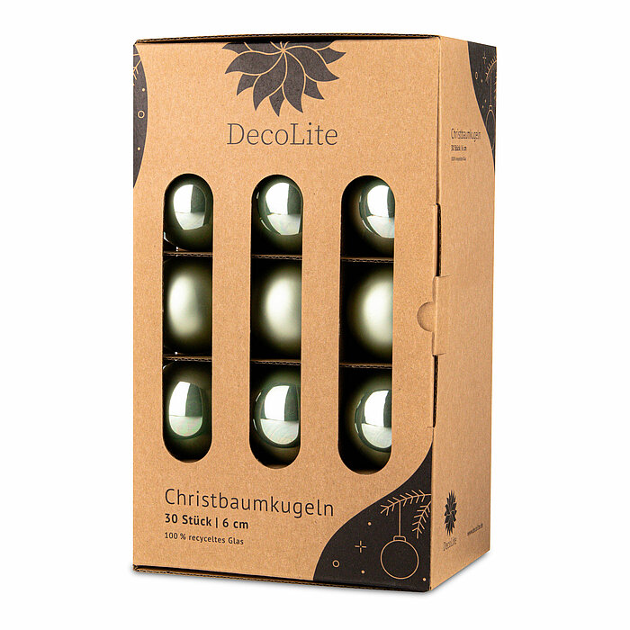 Ein 30er Pack Christbaumkugeln in Salbei mit 6cm Durchmesser von DecoLite in einer dekorativen Schachtel.