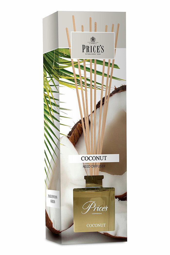 Ein Raumduft-Diffuser von Prices Candles in der Geruchssorte Kokosnuss mit 100ml Inhalt.