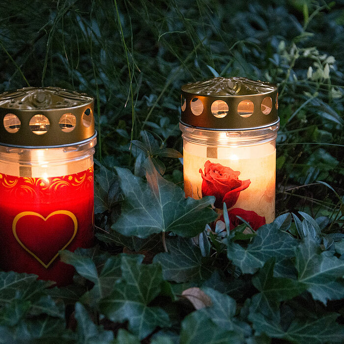 Zwei brennende Grabkerzen stehen nebeneinander im Grünen zwischen dichtem Efeu. Die linke Kerze ist rot mit einem goldenen Deckel und zeigt ein Herzsymbol. Die rechte Kerze hat ebenfalls einen goldenen Deckel, ist hell und zeigt das Bild einer roten Rose.
