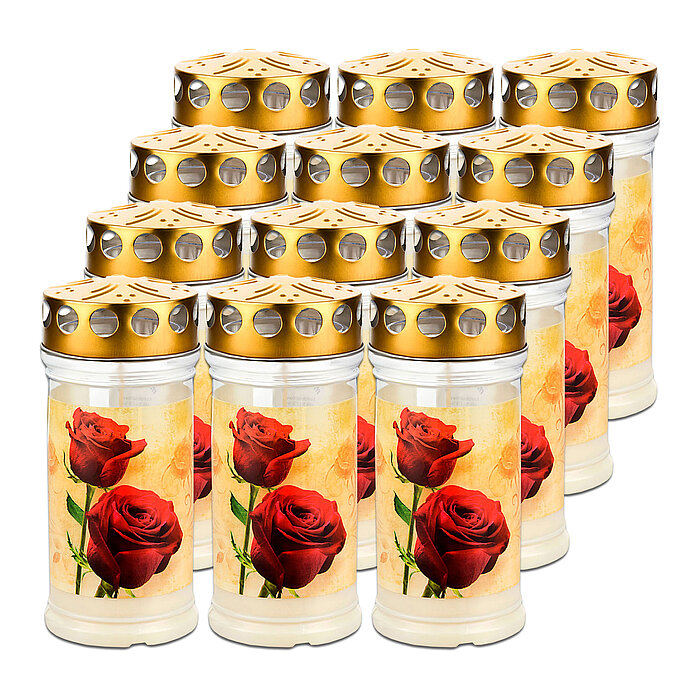 Eine Grabkerze mit einem goldfarbenen, perforierten Deckel. Der Körper der Kerze ist transparent und zeigt ein Bild von zwei roten Rosen auf einem beigefarbenen Hintergrund mit dezenten, wirbelartigen Mustern. Die Rosen sind zentrales Motiv und heben sich