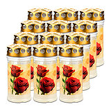 Eine Grabkerze mit einem goldfarbenen, perforierten Deckel. Der Körper der Kerze ist transparent und zeigt ein Bild von zwei roten Rosen auf einem beigefarbenen Hintergrund mit dezenten, wirbelartigen Mustern. Die Rosen sind zentrales Motiv und heben sich