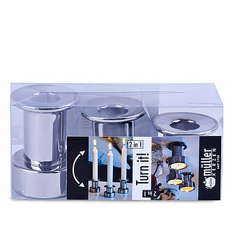Drei 2 in 1 Kerzenhalter von Müller Kerzenfabrik in der Größe 7x6x5cm in der Farbe silber.