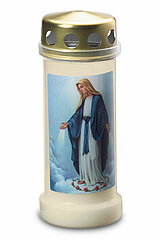 1 Bolsius Grablicht Nr. 6 mit Deckel und Motiv Maria in der Größe 17x6,5cm in der Farbe Weiß.