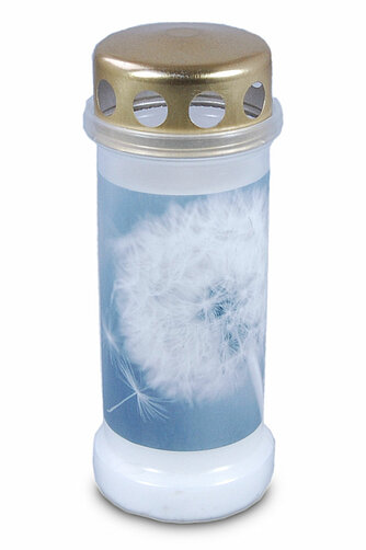 1 Bolsius Dauerbrenner Nr. 6 mit Deckel und Motiv Pusteblume in der Größe 17x6,5cm in der Farbe Weiß.