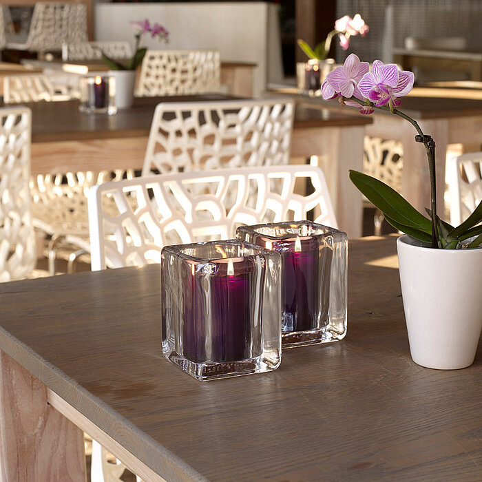 Auf einer Theke stehen mehrere Bolsius Kerzen in violetten und klaren Glasbehältern. Daneben sind Schüsseln mit Nüssen sowie eine violette Vase mit rosa Blumen arrangiert. Im Hintergrund sind diverse Gläser und Zapfhähne einer Bar zu sehen. Die Szene stra