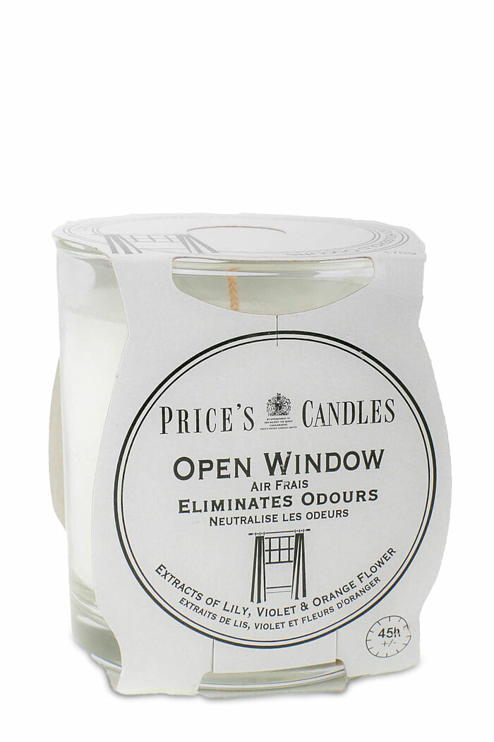 Ein Duftglas "Fresh Air" von Prices Candles in der Größe 8,3x7,4cm in der Verpackungsgröße "Open Window".
