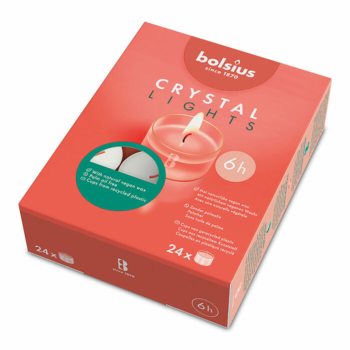 24 Crystal Lights Teelichter von Bolsius in der Größe 1,9x3,9cm mit einer Brenndauer von 6 Stunden in der Farbe weiß.