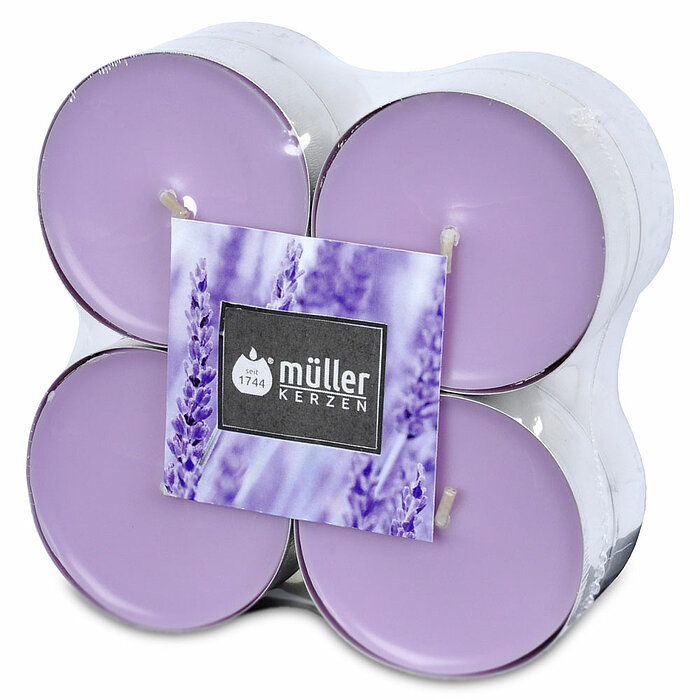 8 Maxi-Duft-Teelichter von Müller Kerzenfabrik in der Größe 2,2x5,7cm mit dem Duft Lavendelfelder.