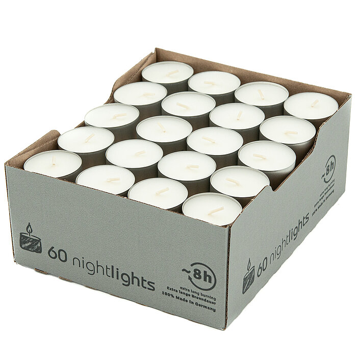 60 Teelichter Nightlights von Richard Wenzel in der Größe 2,4x3,8cm in der Farbe weiß.