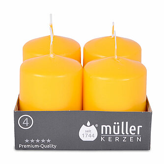 Müller Kerzenfabrik Stumpenkerzen 62/48 mm - goldgelb (4er Pack) Artikelvorschau Stumpenkerzen 62/48 mm - goldgelb (4er Pack)