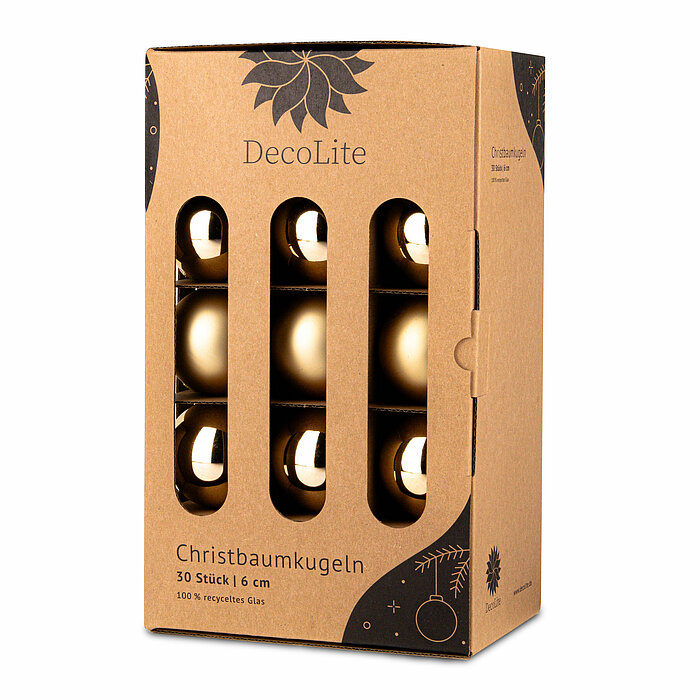 Ein 30er Pack Christbaumkugeln in Brokatgold mit 6cm Durchmesser von DecoLite in einer dekorativen Schachtel.