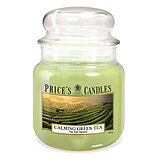 Eine Apothekerglas-Kerze von Prices Candles in der Größe 14,2x9,5cm mit dem Duft Calming Green Tea und einem Gewicht von 411g.