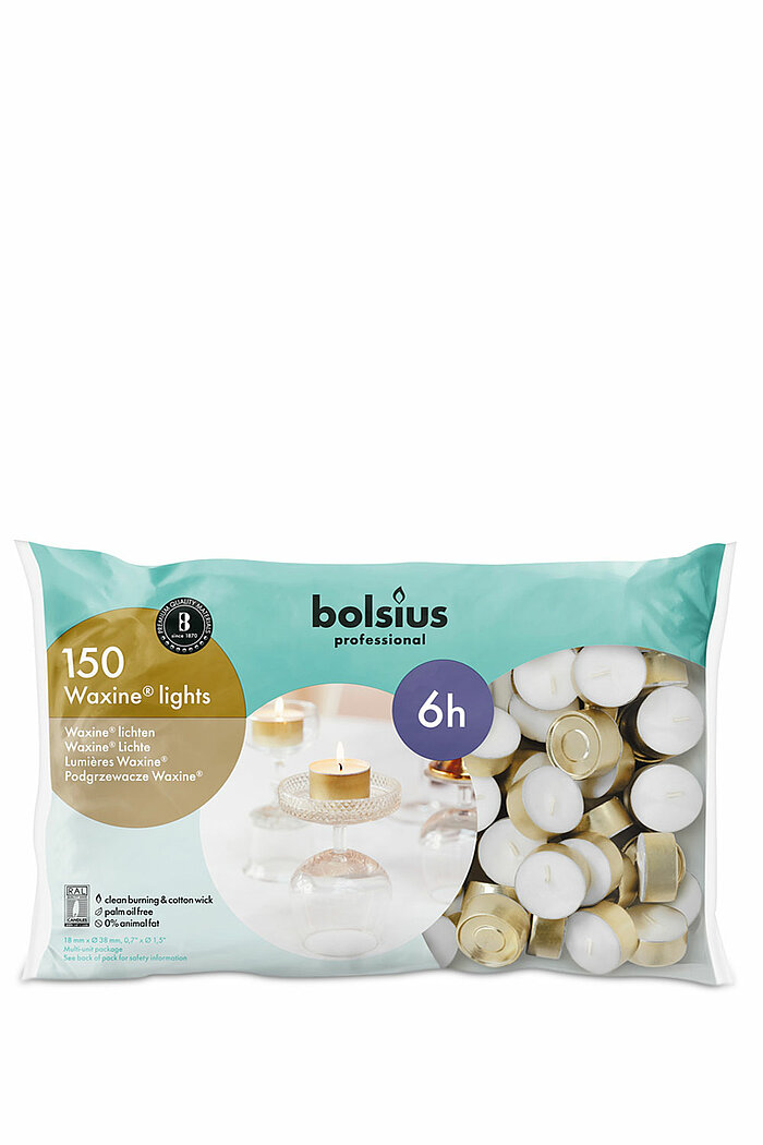 150 Teelichter von Bolsius Professional in der Größe 1,7x3,8cm mit einer Brenndauer von 6 Stunden in der Farbe weiß.