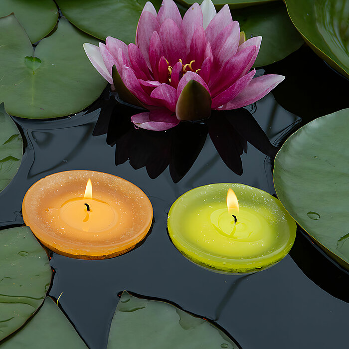 Vier schwimmende Wenzel-Kerzen in den Farben Gelb, Weiß, Rot und Orange auf einem Teich, der mit Seerosenblättern und einer rosa Blüte geschmückt ist. Die Kerzen brennen und reflektieren das ruhige Wasser, während ein Gefühl von Ruhe und Naturverbundenhei