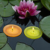 Vier schwimmende Wenzel-Kerzen in den Farben Gelb, Weiß, Rot und Orange auf einem Teich, der mit Seerosenblättern und einer rosa Blüte geschmückt ist. Die Kerzen brennen und reflektieren das ruhige Wasser, während ein Gefühl von Ruhe und Naturverbundenhei