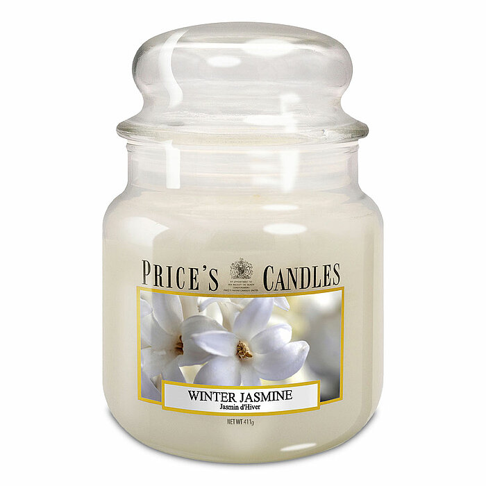 Eine Apothekerglas-Kerze von Prices Candles in der Größe 14,2x9,5cm mit dem Duft Winter Jasmine und einem Gewicht von 411g.