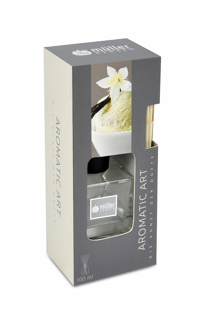 Ein Raumbedufter von Müller Kerzenfabrik in der Größe 20,5x10cm mit der Geruchssorte Vanille Traum und einer Verpackungsgröße von 100ml.