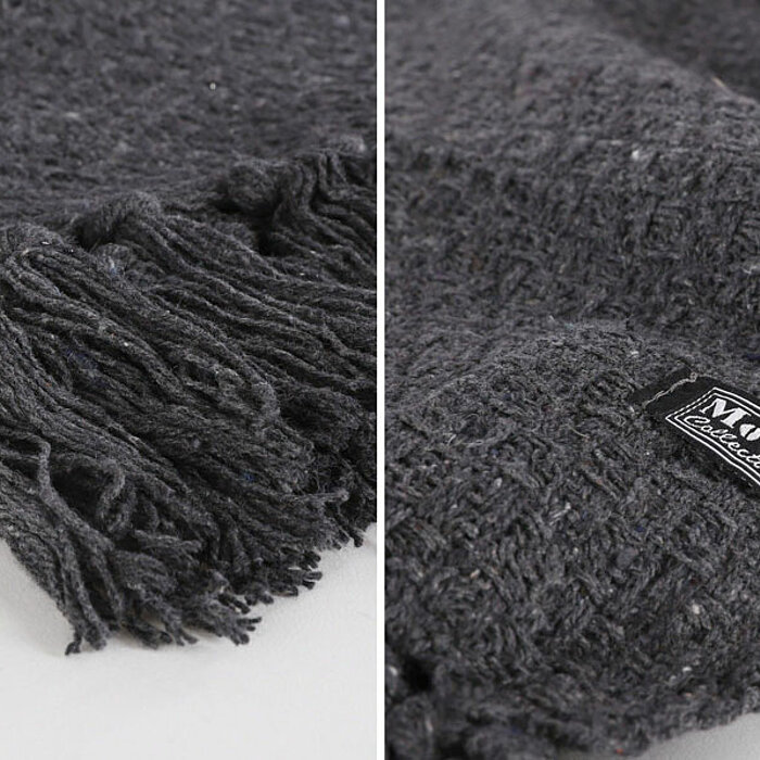 Eine graue Decke mit strukturiertem Muster und Fransen an den kurzen Seiten. Die Fransen sind eng und gleichmäßig, und die Decke hat eine rechteckige Form. Sie wirkt schlicht und elegant.