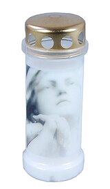 1 Bolsius Dauerbrenner Nr. 6 mit Deckel und Motiv Beten in der Größe 17x6,5cm in der Farbe Weiß.