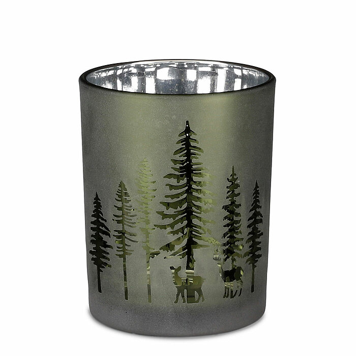 Ein Teelichthalter in Baumform von Edelman in der Größe 12,5x10cm in der Farbe grün.