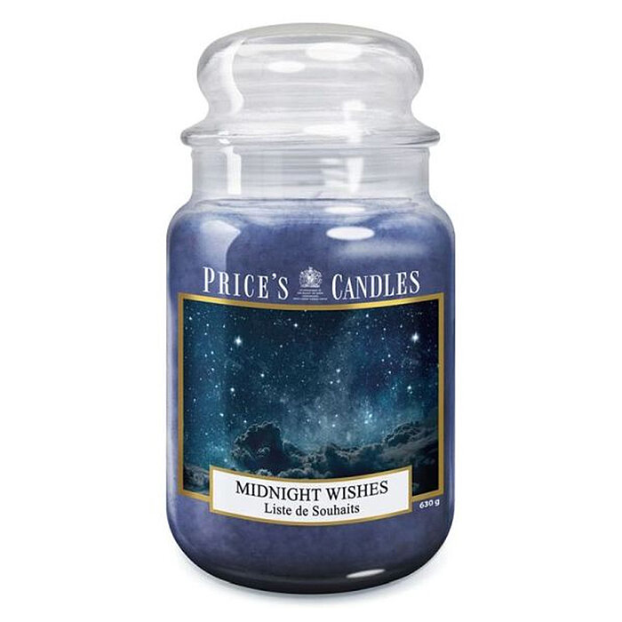 Eine Duftkerze im Apothekerglas von Prices Candles in der Größe 19,5x10cm mit dem Duft "Midnight Wishes" und einem Gewicht von 630g.