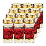 Eine weiße Grabkerze mit einem goldenen Deckel, auf der eine rote Rose vor einem grauen Hintergrund abgebildet ist.