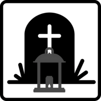 Grabkerzen Piktogramm: Schutzbecher aus wärmeresistentem Glas verwenden.