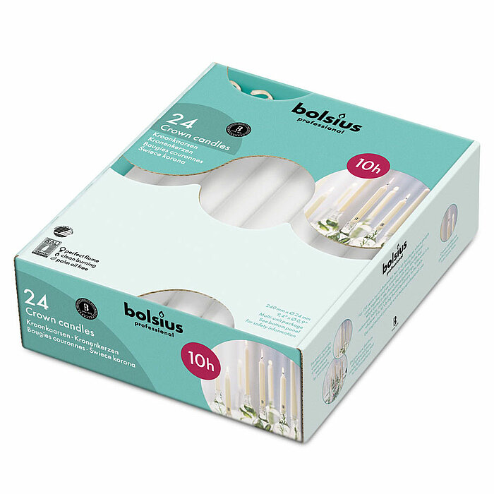 24 Kronenkerzen von Bolsius Professional in der Größe 24x2,4cm in der Farbe weiß.