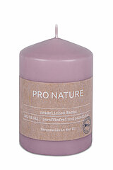 Eine Pro Nature Stearin-Stumpenkerze von Müller Kerzenfabrik in der Größe 10x6,8cm in der Geruchssorte Flieder.