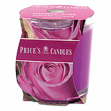 Eine Duftkerze im Glas von Prices Candles in der Größe 8,9x8,0cm mit dem Duft Damson Rose.