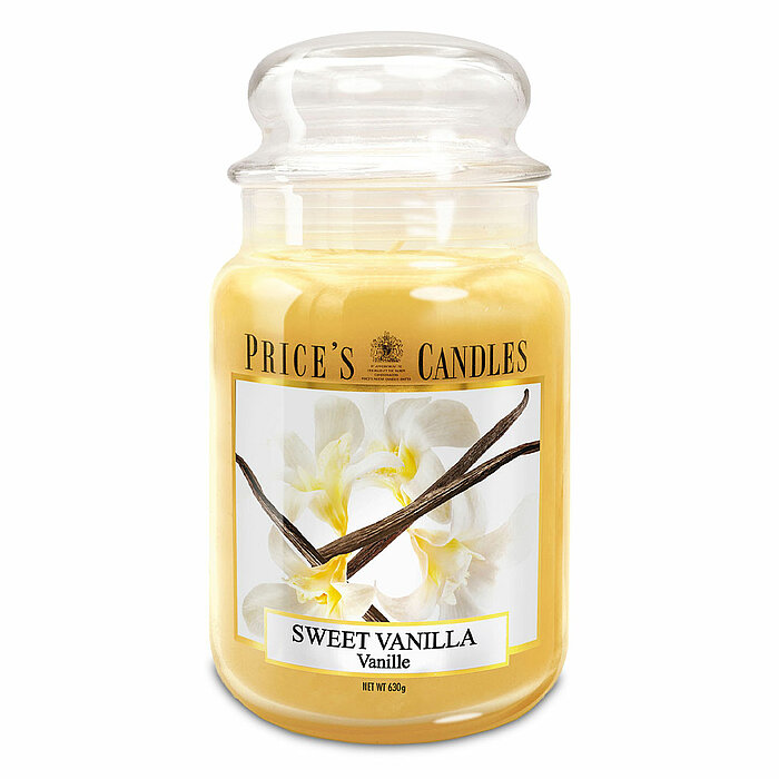 Eine Apothekerglas-Kerze von Prices Candles in der Größe 19,5x10cm mit dem Duft Sweet Vanilla und einem Gewicht von 630g.