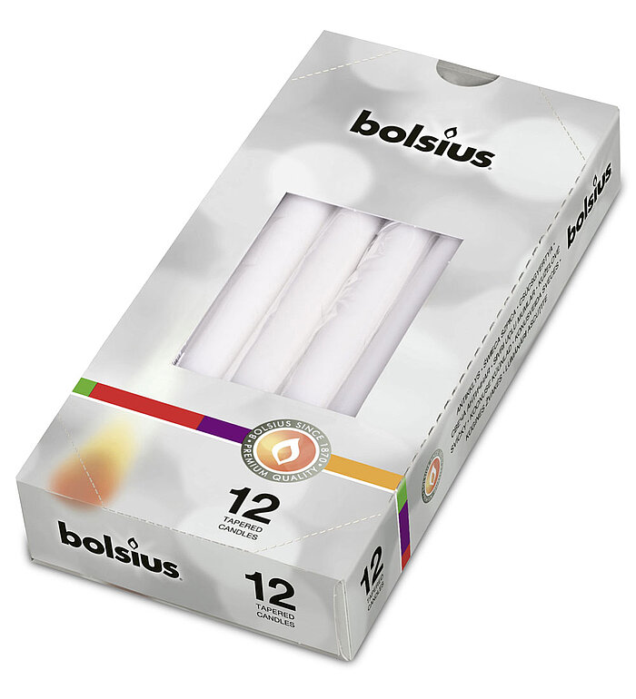 12 Spitzkerzen von Bolsius in der Größe 24x2,5cm in der Farbe weiß.