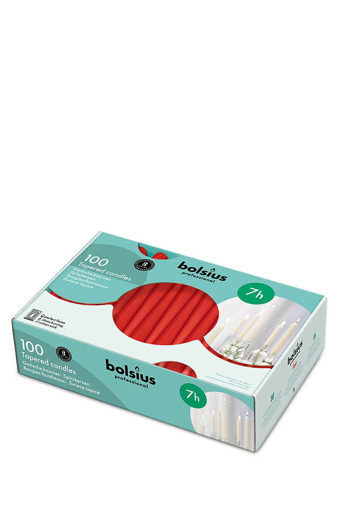 100 Spitzkerzen von Bolsius Professional in der Größe 24x2,3cm in der Farbe Rot.