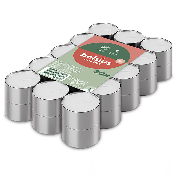 30 Teelichte von Bolsius in der Größe 1,9x3,8cm mit einer Brenndauer von 6 Stunden in der Farbe weiß.