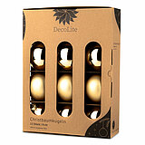Ein 12er Pack Christbaumkugeln in Brokatgold mit 8cm Durchmesser von DecoLite in einer dekorativen Schachtel.