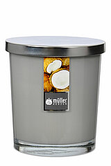 Ein Maxi-Duftkerzenglas von Müller Kerzenfabrik in der Größe 11x9,5cm mit dem Duft Kokosnuss-Insel.