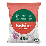 45 Teelichter von Bolsius in der Größe 3,9x3,9cm mit einer Brenndauer von 8 Stunden in der Farbe weiß.