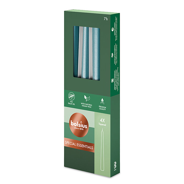 4 Spitzkerzen von Bolsius in der Größe 23,4x2,4cm in der Farbe metallic blau.