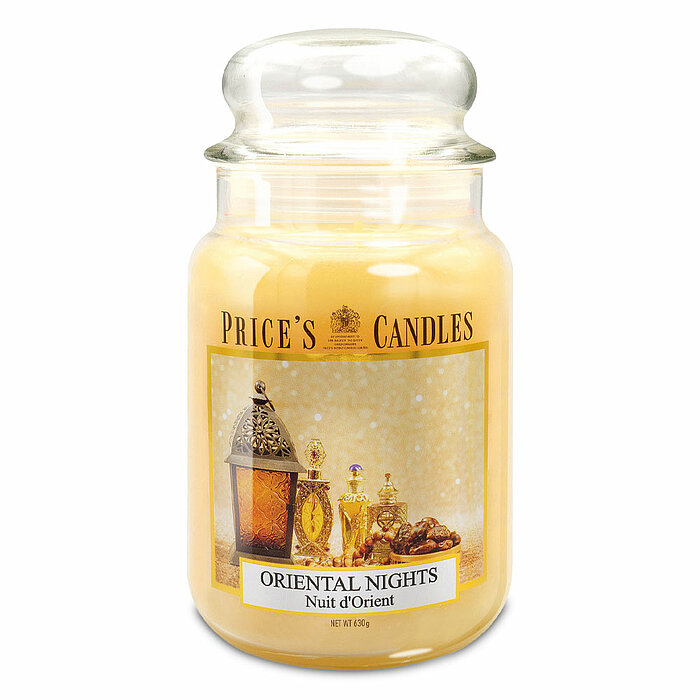 Eine Apothekerglas-Kerze von Prices Candles in der Größe 19,5x10cm mit dem Duft Oriental Nights und einem Gewicht von 630g.