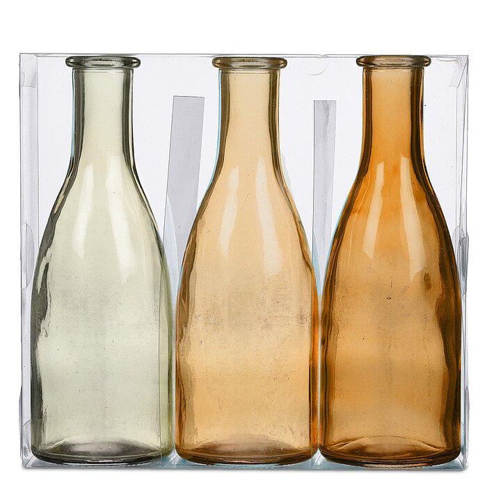 Drei große Flaschen Bottle von Sandra Rich in der Größe 18,5x6,6cm in der Farbe Gelb.