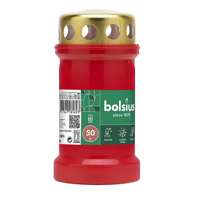 24 Bolsius Dauerbrenner mit Deckel Nr. 3 in der Größe 13,3x6,7cm in der Farbe Rot.