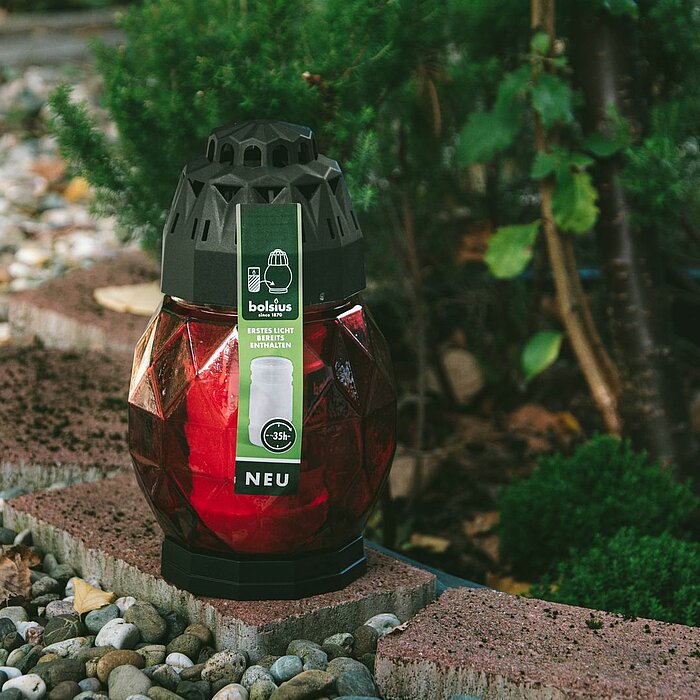 Eine rote Grabkerze von Bolsius, die in einer Laterne mit schwarzem Deckel eingebettet ist. Die Laterne steht auf einem Gemisch aus Kieselsteinen und Laub, umgeben von grünen Pflanzen und kleinen Büschen.
