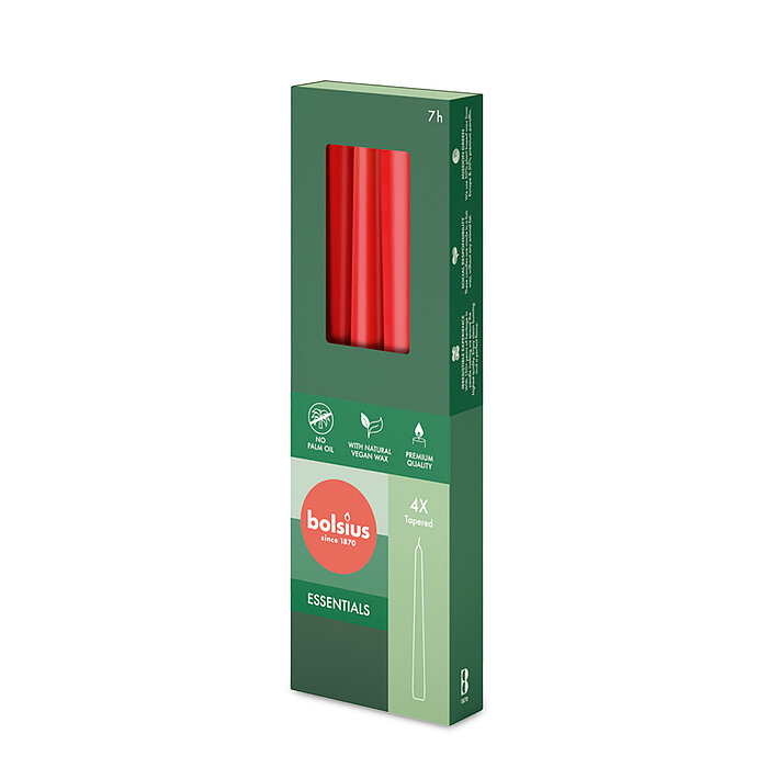 4 Spitzkerzen von Bolsius in der Größe 24,5x2,4cm in der Farbe zartes Rot.