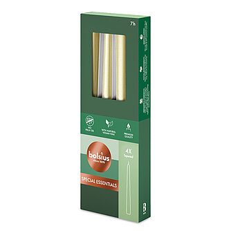 Bolsius Spitzkerzen Special 234/24mm (4er Pack) - Metallic Silber Artikelvorschau Spitzkerzen Special 234/24mm (4er Pack) - Metallic Silber