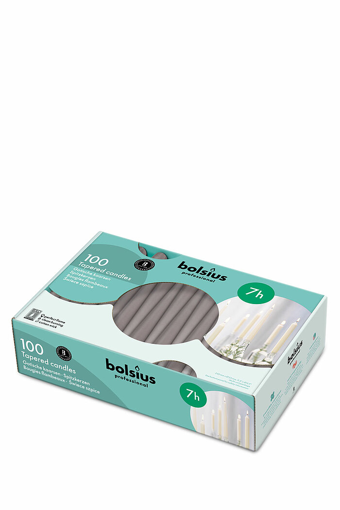 100 Spitzkerzen von Bolsius Professional in der Größe 24x2,3cm in der Farbe Taupe.